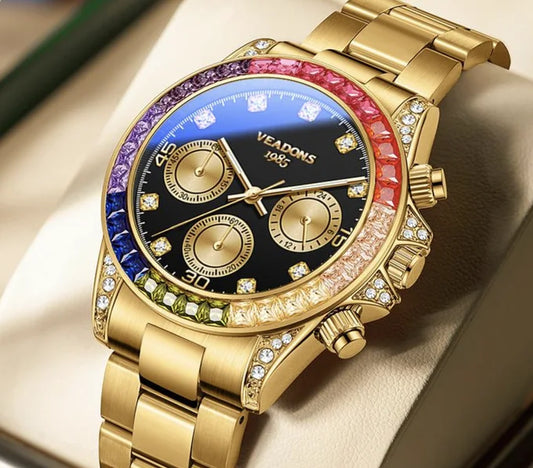 Reloj Dorado de Lujo para Hombre con Cristales Arcoíris | Cronógrafo Resistente al Agua